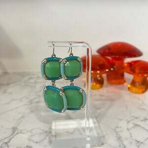 Double Square Teal Green Blue Dangle Earrings